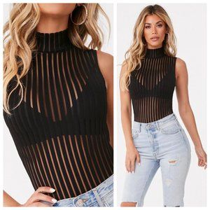 F21 Black Sheer Mesh Vertical Stripe Mock Neck Bodysuit